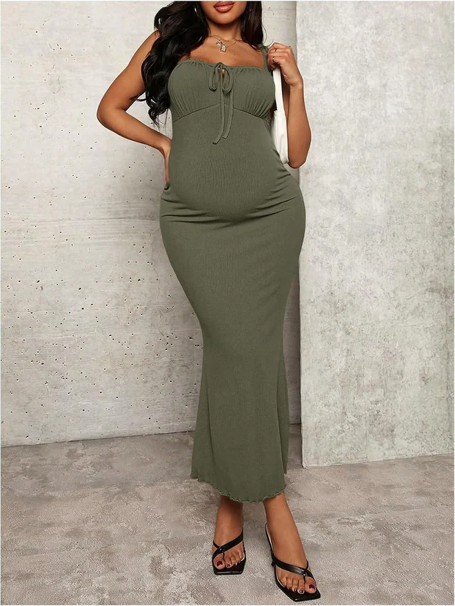 Maternity Ribbed Knit Bodycon Cami Midi Dresses Army Green by OYOANGLE, photograph 3 of 3