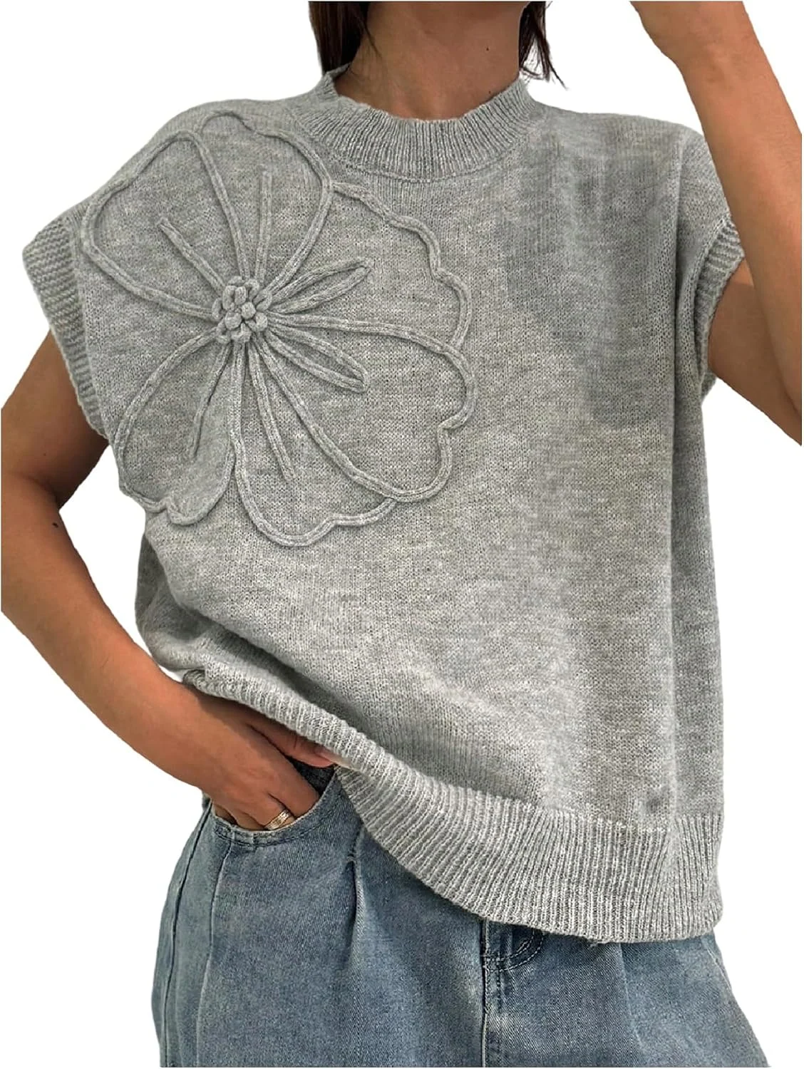 Plus Size 3D Floral Short Sleeve Sweater Pullover Knit Top by OYOANGLE, photograph 1 of 4