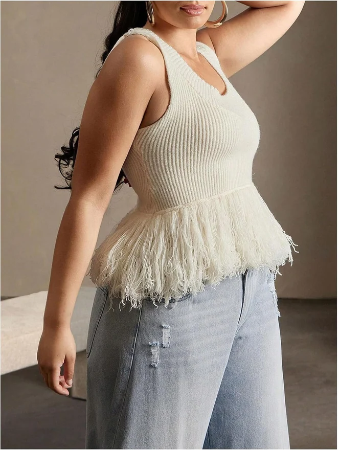 Plus Size Sweater Vest Fringe Knit Tank Top Beige by OYOANGLE, photograph 4 of 4