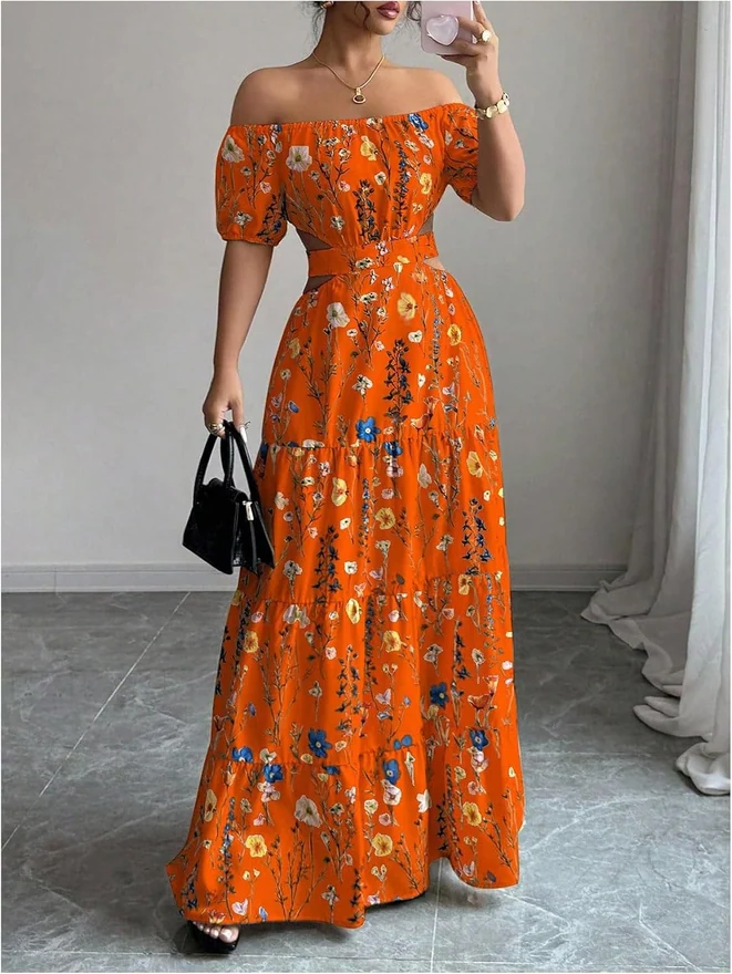 Floral Print Off the Shoulder Short Sleeve Boho Maxi Dress Cut by OYOANGLE, photograph 2 of 3