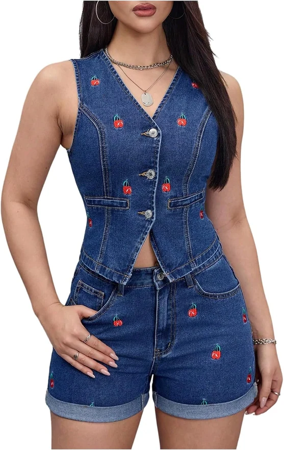 Cherry Embroidery Button Down Denim Jackets Sleeveless V Neck by OYOANGLE