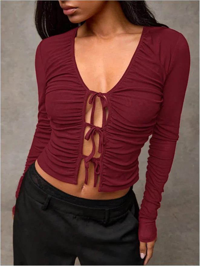 Tie Front Long Sleeve Shirt Y2k Crop Top Cut Out Fitted Mesh by OYOANGLE, photograph 4 of 4