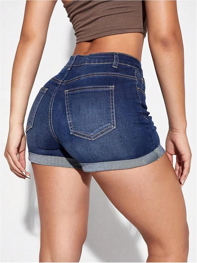 Denim Shorts Cuffed Hem Stretchy Mid Rise Jean Shorts by OYOANGLE, photograph 3 of 4