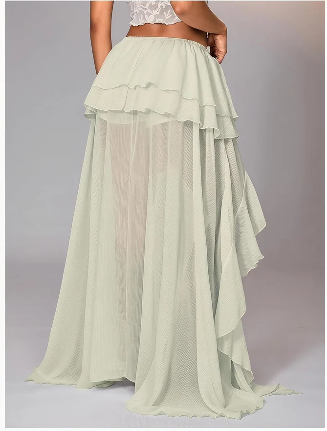 Boho Layered Ruffle Chiffon Y2K Elastic Cowgirl Maxi Skirt by OYOANGLE, photograph 3 of 4