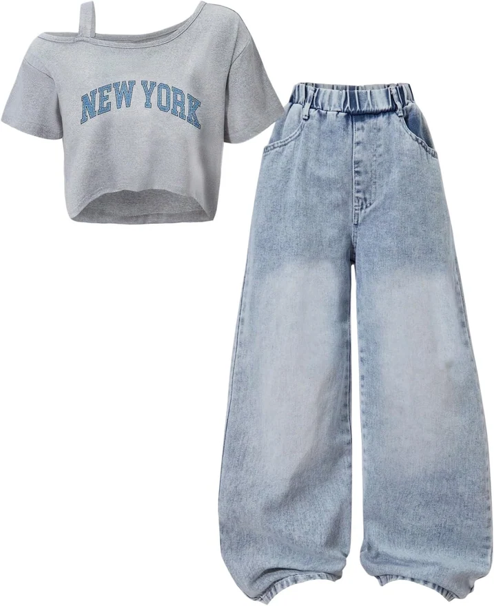Girl's Cute Outifts Y2K 2 Pieces Graphi Tops and Jeans Clothes by OYOANGLE