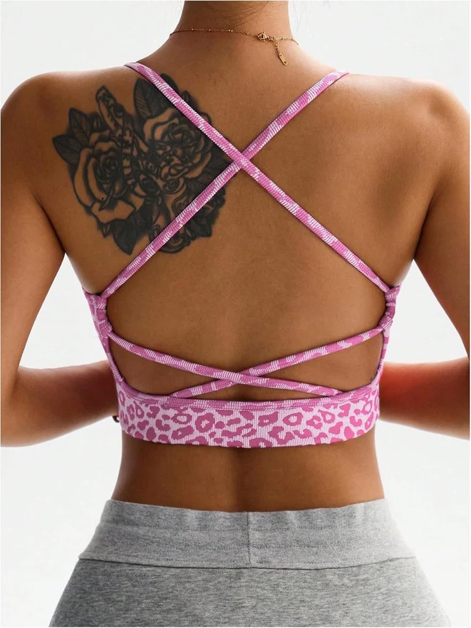 Cheetah Print Sports Bra Criss Cross Bras Strappy Sports by OYOANGLE, photograph 2 of 4