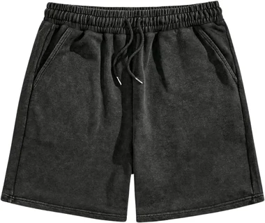 Vintage Washed Drawstring Elastic Waist Shorts Light Grey in Black