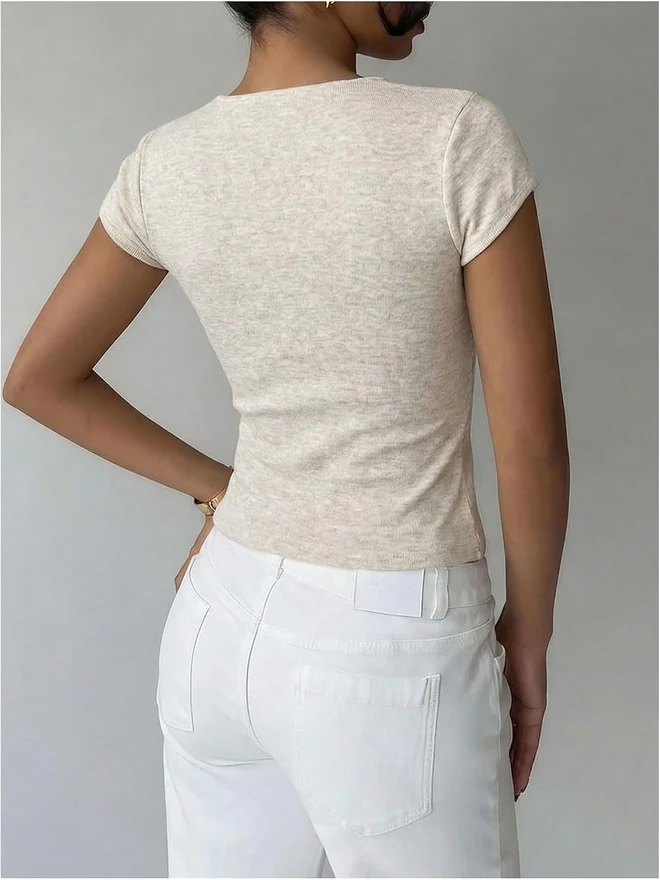 Wrap Cinched Waist Tops Short Sleeve Going Out T Shirts by OYOANGLE