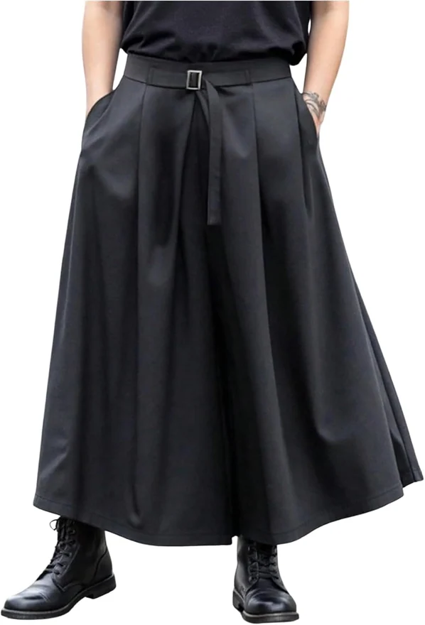 Wide Leg Pleated Skirt Pants Belted Pleated Japanese Cropped by OYOANGLE