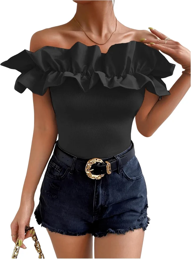 Ruffle Trim Off Shoulder Long Sleeve Blouse Party Tops Shirt by OYOANGLE, photograph 3 of 4