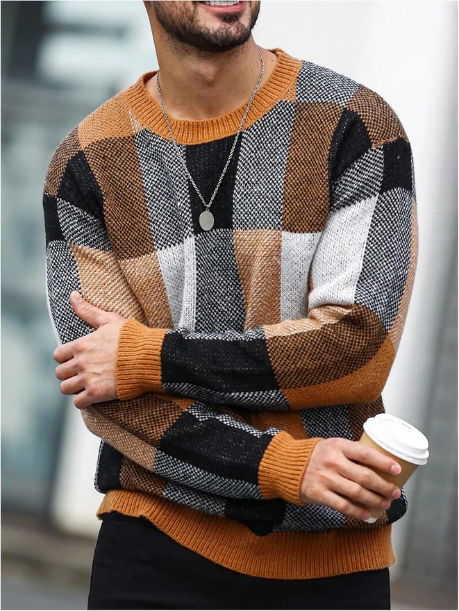 Colorblock Plaid Long Sleeve Crew Neck Sweater Pullover Tops by OYOANGLE, photograph 3 of 4