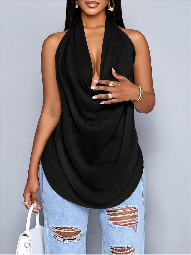 Cowl Neck Halter Tops for Women Backless See Through Draped Top by OYOANGLE, photograph 4 of 4