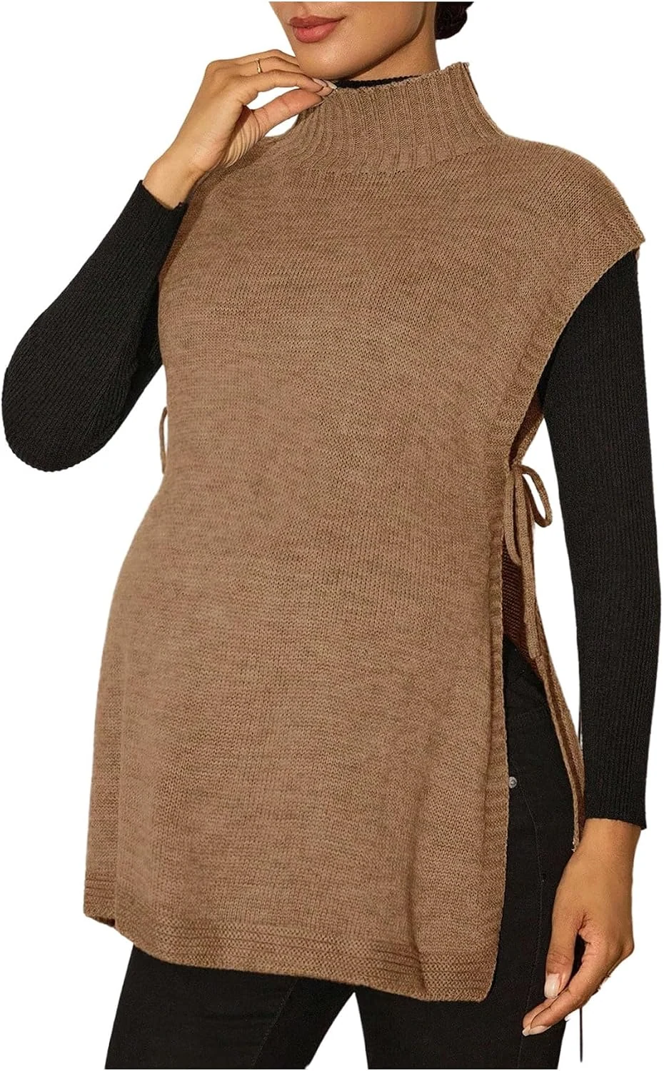 Maternity Sweater Vest Elegant Sleeveless Mock Neck Tie Side by OYOANGLE, photograph 1 of 4