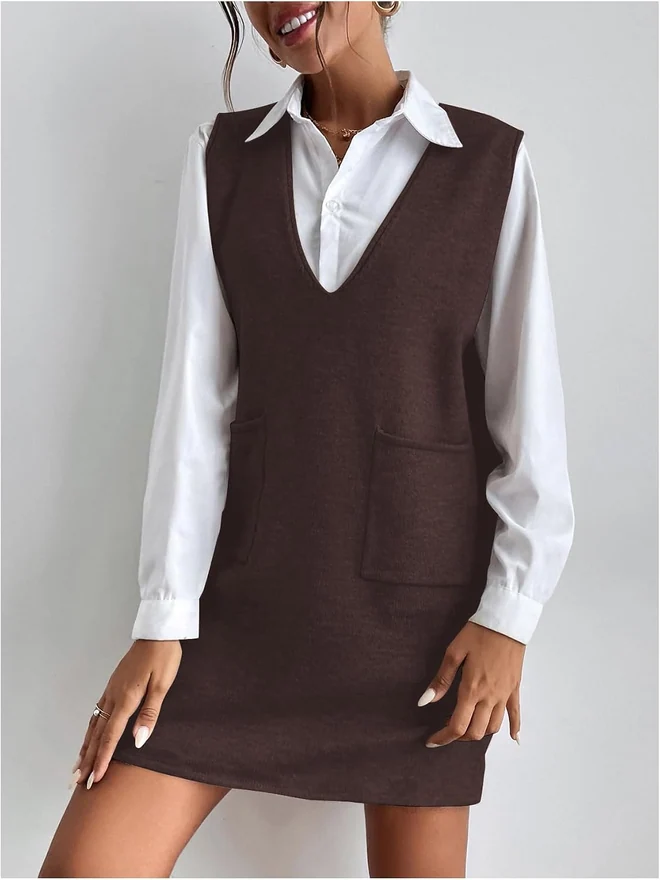 V Neck Sweater Vest Dress Sleeveless Fall Overall Dress by OYOANGLE, photograph 3 of 3