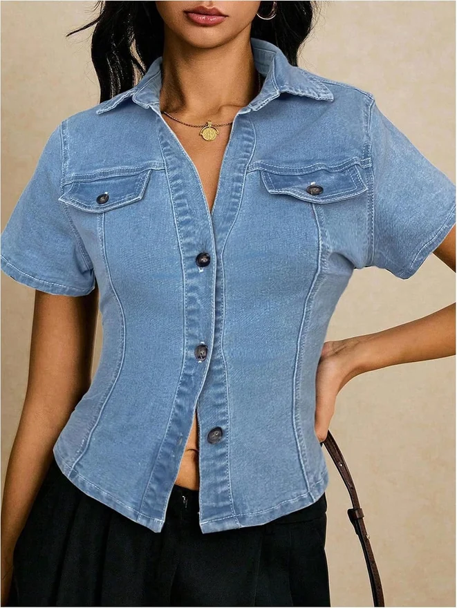 Summer Short Sleeve Button Down Denim Jackets Top Blouse by OYOANGLE, photograph 4 of 4