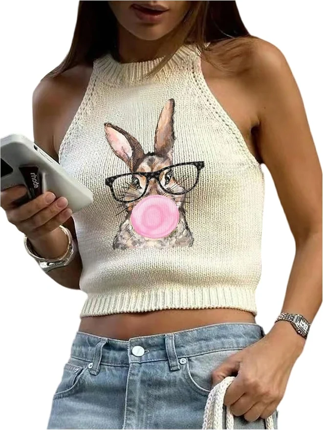 Bunny Halter Sweater Vest Lightweight Cropped Tank Tops by OYOANGLE