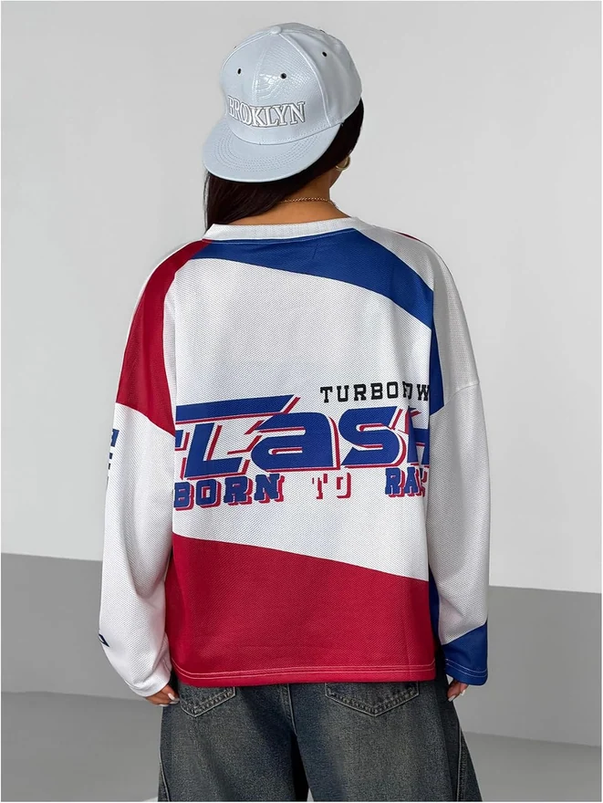 Color Block Letter Graphic Y2K Jersey Shirts Oversized Long by OYOANGLE, photograph 2 of 4