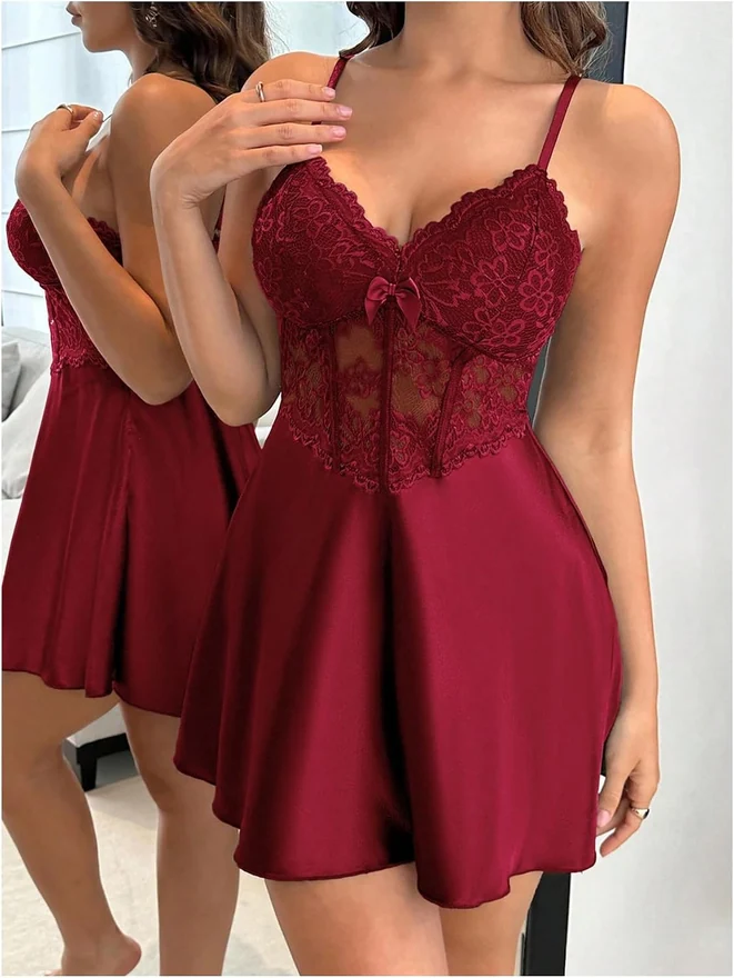 Floral Lace Satin Slip Dress Corset Mini Nightgowns by OYOANGLE, photograph 3 of 4