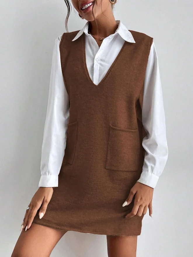 V Neck Sweater Vest Dress Sleeveless Fall Overall Dress by OYOANGLE, photograph 2 of 3