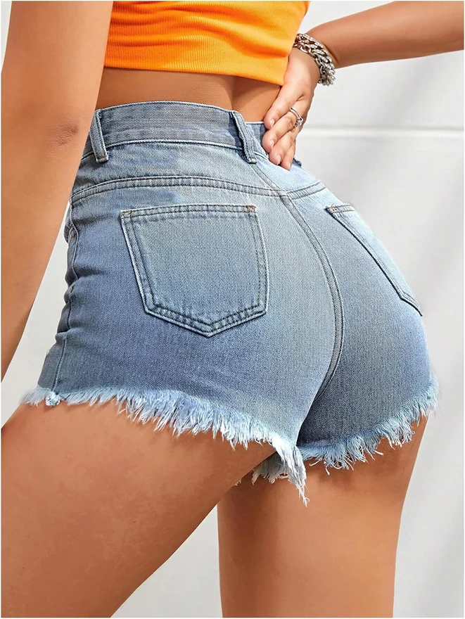 Floral Embroidery Raw Hem Denim Shorts by OYOANGLE, photograph 4 of 4