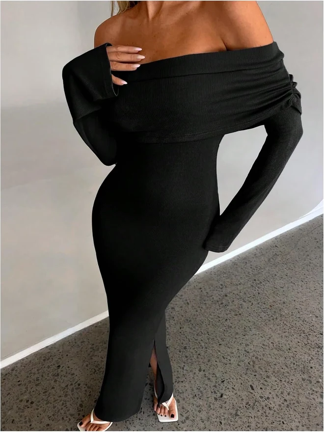 Off Shoulder Long Sleeve Bodycon Long Dress Ruched Slit Thigh by OYOANGLE