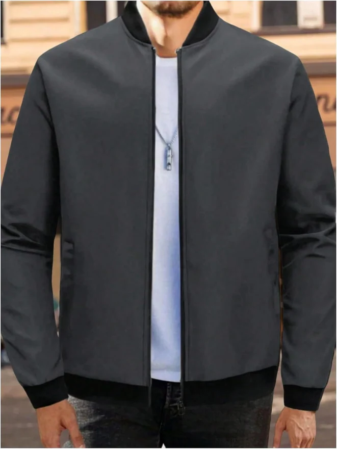 Zip Up Bomber Jacket Lightweight Jackets with Pockets by OYOANGLE, photograph 4 of 4