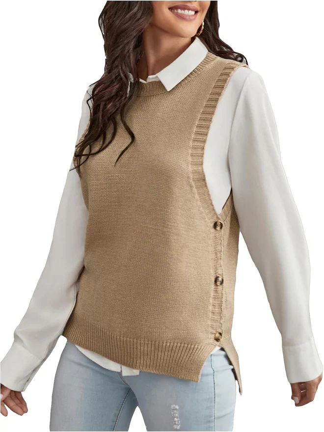 Button Side Sweater Vest Crew Neck Sleeveless Dressy Knitted by OYOANGLE