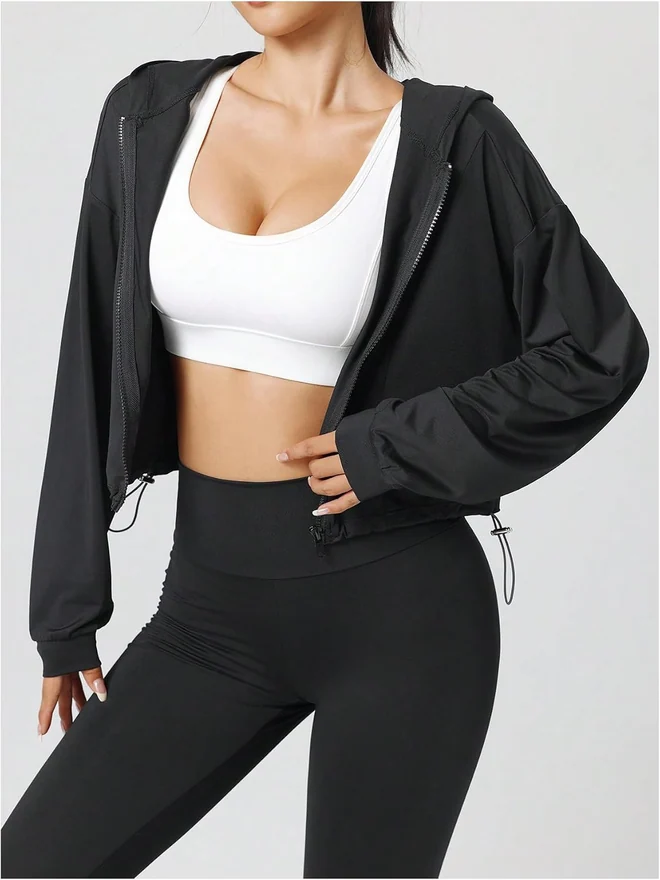 Zip Up Hoodie Jackets Long Sleeve Lightweight Workout Cropped by OYOANGLE, photograph 2 of 4