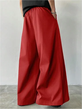 Baggy Dress Pants Wide Leg Pleated Loose Work Trousers Black in Red