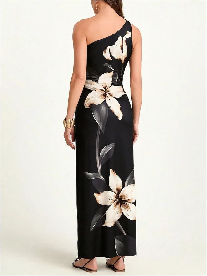 One Shoulder Off Floral Wedding Guest Party Long Maxi Dress by OYOANGLE