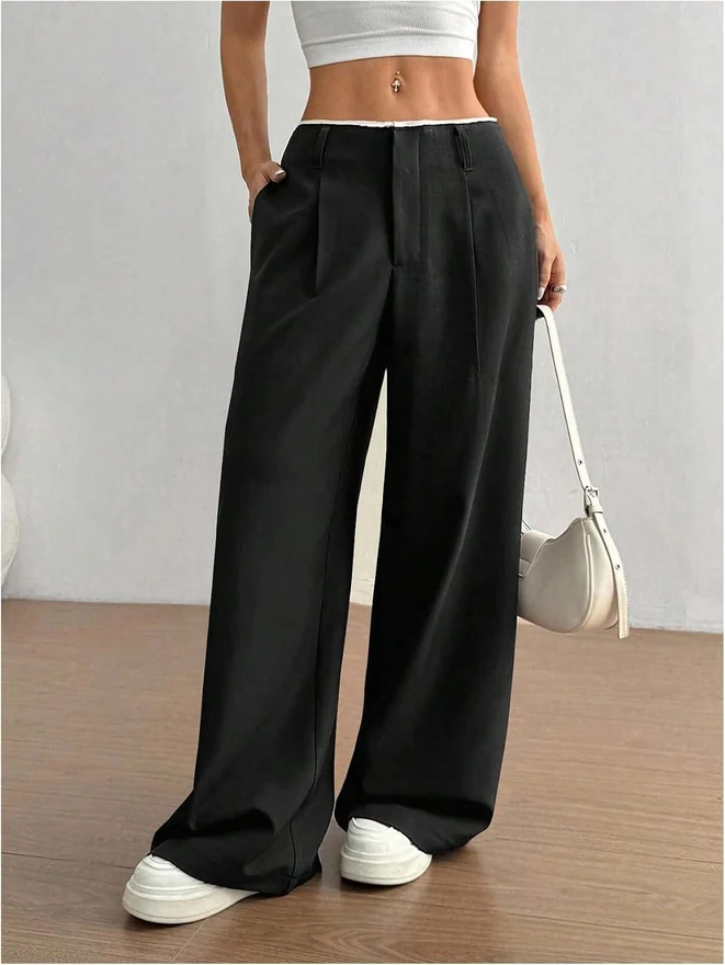 Wide Leg Slacks Low Rise Work Office Business Casual Pleated by OYOANGLE, photograph 3 of 3