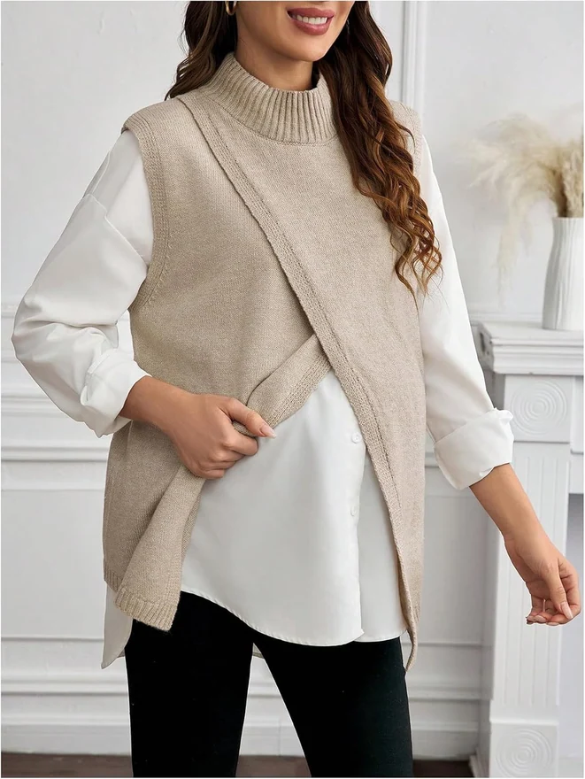 Maternity Sweater Vest Sleeveless Mock Neck Split Hem Pregnancy by OYOANGLE, photograph 4 of 4