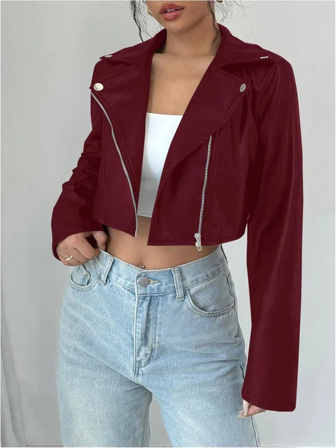PU Leather Cropped Jacket Zip Up Motorcycle Jackets Coat by OYOANGLE, photograph 4 of 4