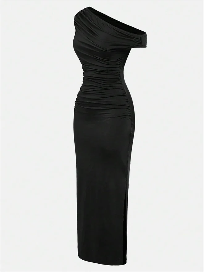 Girl's Off The Shoulder Ruched Side Slit Bodycon Long Dresses by OYOANGLE