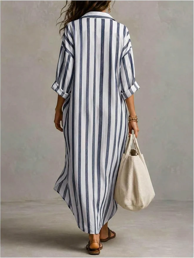 Striped Long Shirt Dresses Long Sleeve Collared V Neck Loose by OYOANGLE