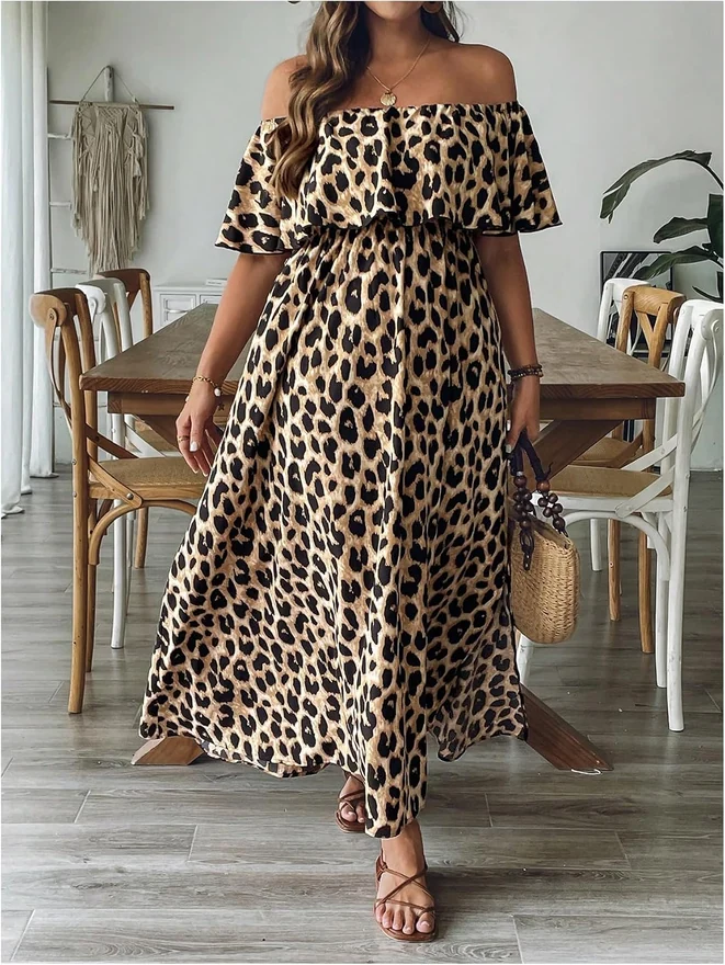 Plus Size Leopard Print Off the Shoulder Maxi Dress Short Sleeve by OYOANGLE, photograph 2 of 3