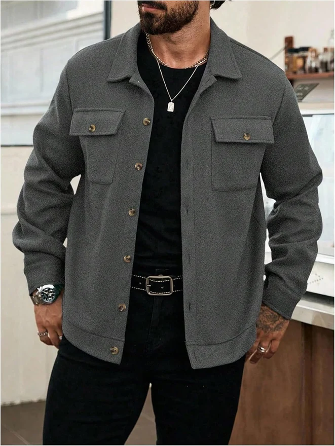 Long Sleeve Button Up Jacket Collared Neck Fall Shacket Coats by OYOANGLE, photograph 2 of 4