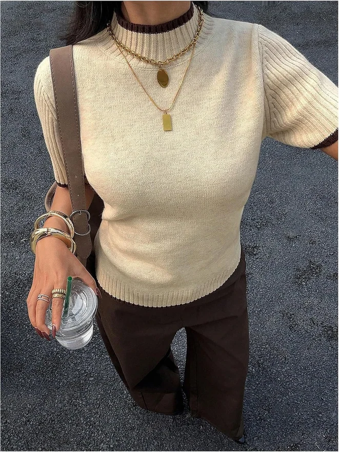 Mock Neck Short Sleeve Sweater Dressy Pullover Knit Tops by OYOANGLE, photograph 4 of 4