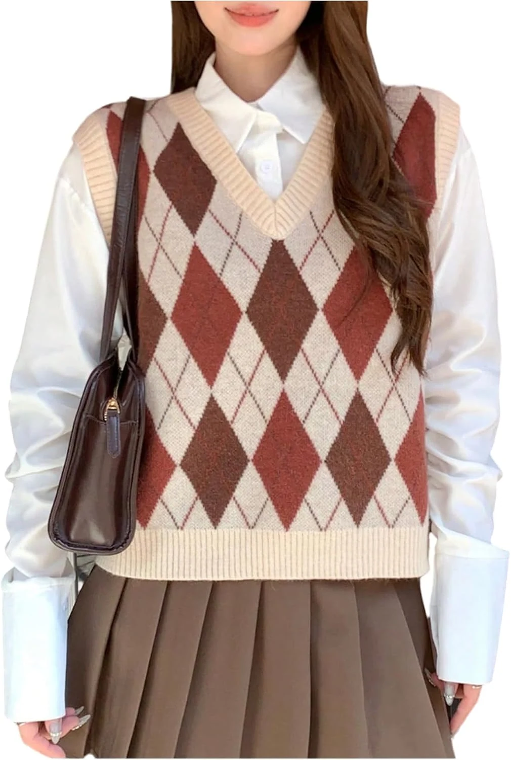 Argyle Sweater Vest Y2K Preppy Style V Neck Sleeveless Knitted by OYOANGLE, photograph 1 of 4