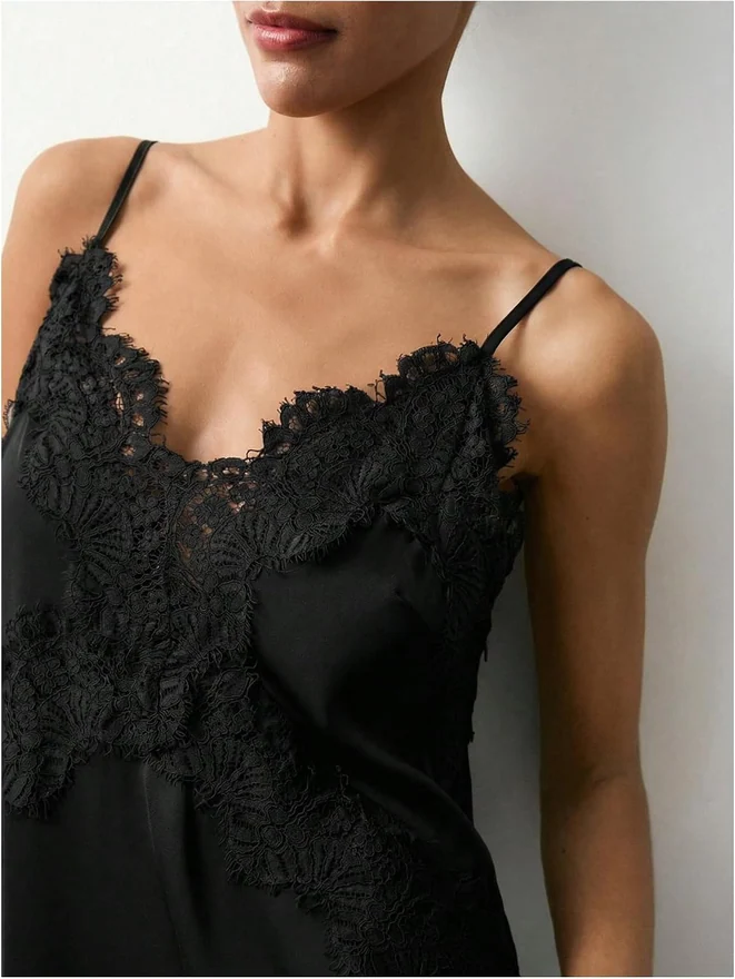Satin Dress Lace Trim Spaghetti Strap V Neck Silky Long Slip by OYOANGLE, photograph 2 of 3