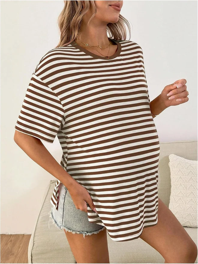 Striped Short Sleeve Maternity T Shirts Crewneck Split Hem by OYOANGLE, photograph 2 of 4