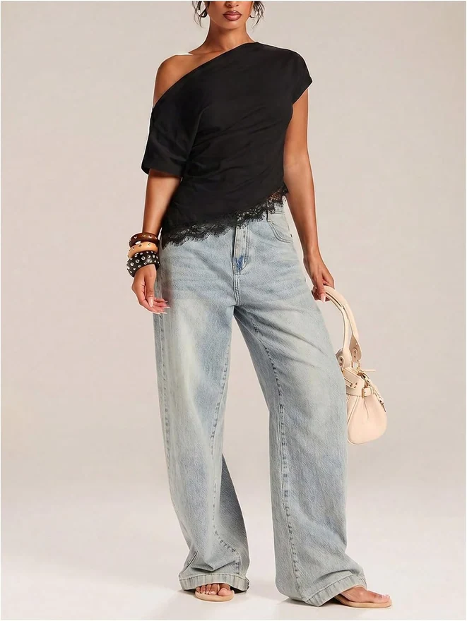 Off The Shoulder Top Lace Asymmetrical Y2K Going Out Top Tee by OYOANGLE, photograph 2 of 4