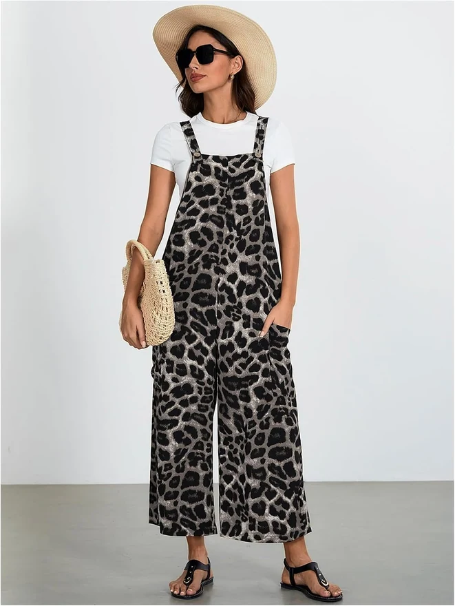Leopard Print Sleeveless Straight Leg Jumpsuits with Pocket by OYOANGLE, photograph 2 of 3