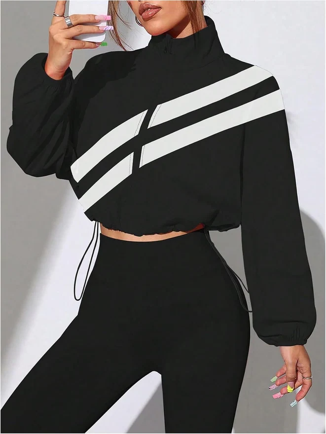 Zip Up Cropped Running Jackets Color Block Drawstring Sports by OYOANGLE, photograph 4 of 4