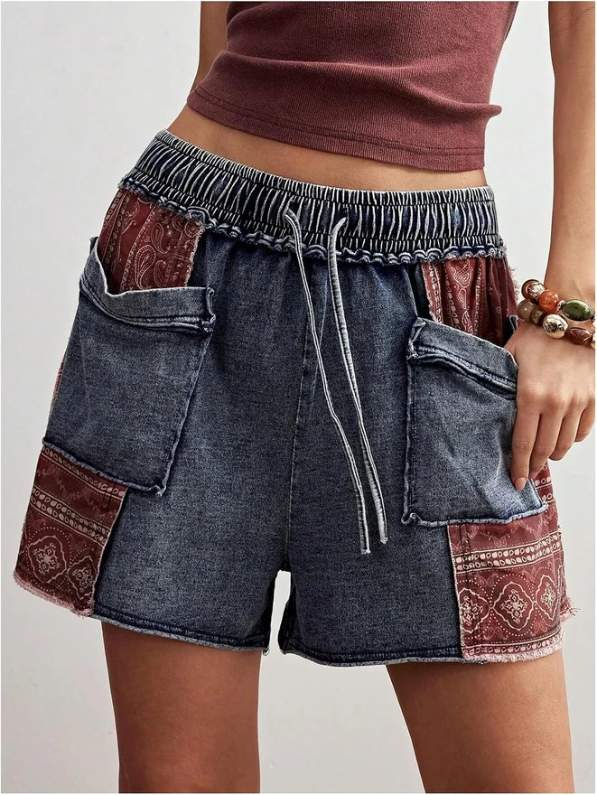 Boho Patchwork Jean Shorts Washed Drawstring High Waisted Wide by OYOANGLE, photograph 2 of 4
