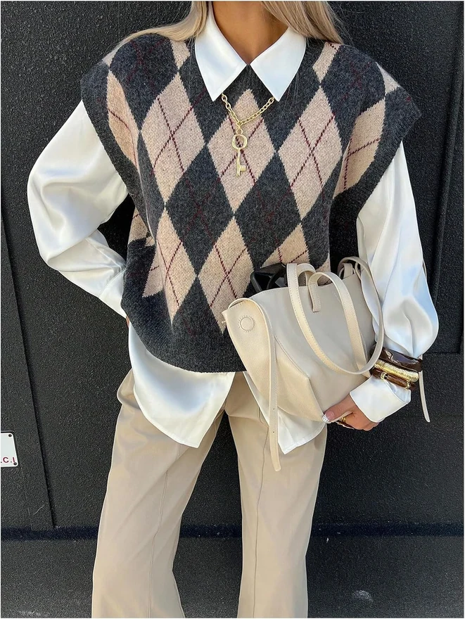Sweater Vest Sleeveless Argyle Pullover Tops Grey by OYOANGLE, photograph 2 of 4