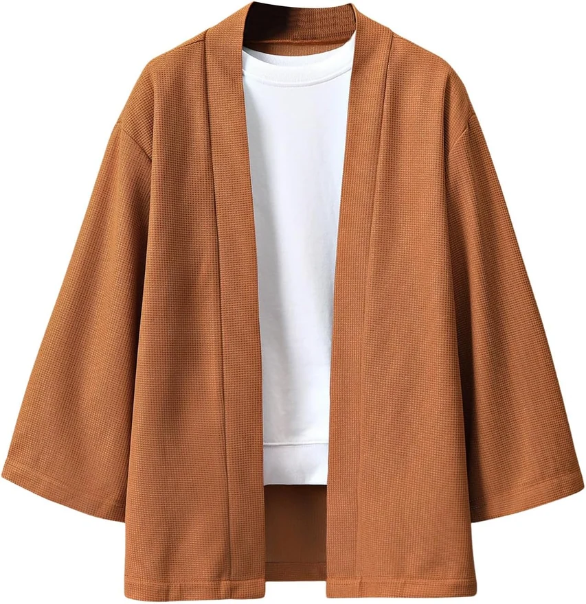 Japanese Rib Knit Kimono Cardigan Jackets Long Sleeve Open Front by OYOANGLE