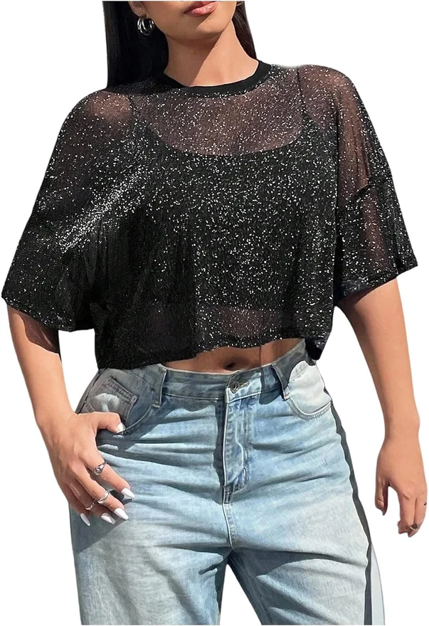 Plus Size Sparkly Glitter Tops Mesh Sheer Crop T Shirts by OYOANGLE