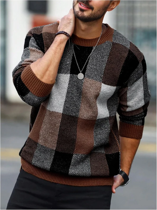 Colorblock Plaid Long Sleeve Crew Neck Sweater Pullover Tops by OYOANGLE, photograph 3 of 4