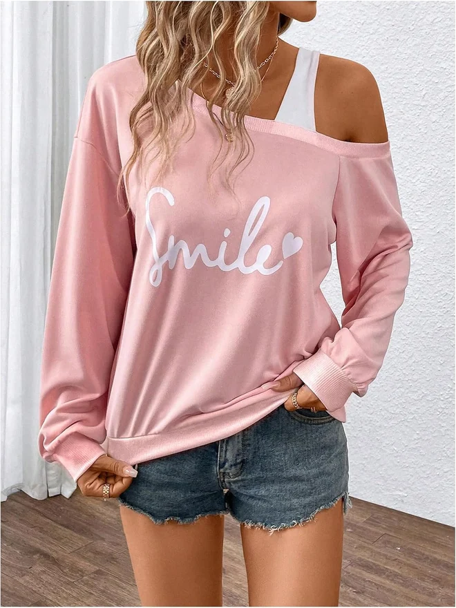 Letter Graphic Cold Shoulder Sweatshirts Long Sleeve Loose by OYOANGLE, photograph 3 of 4